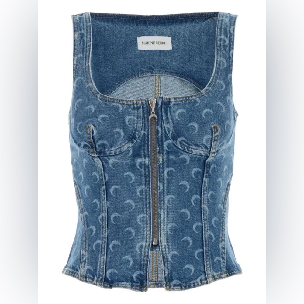 Marine Serre Denim Moon-Print Corset Top